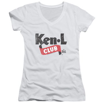 White juniors v-neck t-shirt with Ken-L Ration Ken L Ration Ken L Club graphic