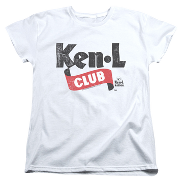 White women's t-shirt with Ken-L Ration Ken L Ration Ken L Club graphic