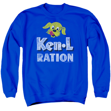Royal men's crewneck sweatshirt with Ken-L Ration Ken L Ration Distressed Logo graphic
