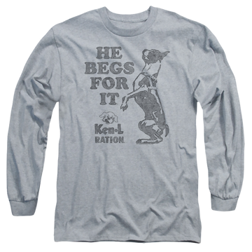 Athletic heather men's long sleeve t-shirt with Ken-L Ration Ken L Ration Begs graphic