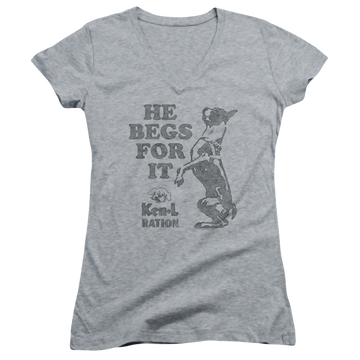 Athletic heather juniors v-neck t-shirt with Ken-L Ration Ken L Ration Begs graphic