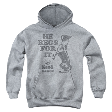 Athletic heather youth hoodie for ages 8 to 12 with Ken-L Ration Ken L Ration Begs graphic
