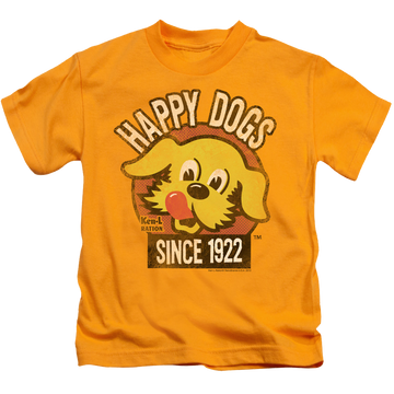 Gold kid's t-shirt for ages 4 to 7 with Ken-L Ration Ken L Ration Happy Dogs graphic