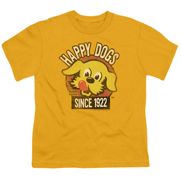 Gold youth t-shirt for ages 8 to 12 with Ken-L Ration Ken L Ration Happy Dogs graphic