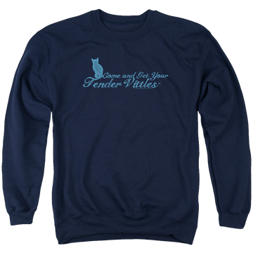 Navy men's crewneck sweatshirt with Tender Vittles Come And Get Em graphic
