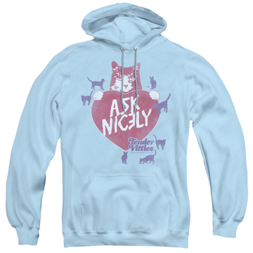 Light blue pullover hoodie with Tender Vittles Nicely graphic