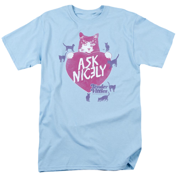 Light blue men's regular fit t-shirt with Tender Vittles Nicely graphic