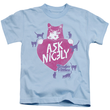 Light blue kid's t-shirt for ages 4 to 7 with Tender Vittles Nicely graphic