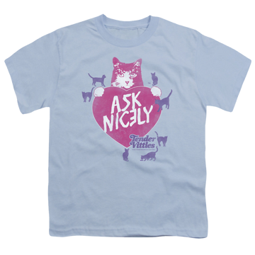 Light blue youth t-shirt for ages 8 to 12 with Tender Vittles Nicely graphic