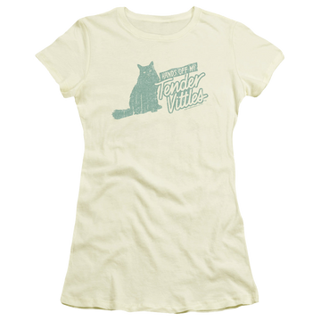 Cream juniors t-shirt with Tender Vittles Hands Off graphic