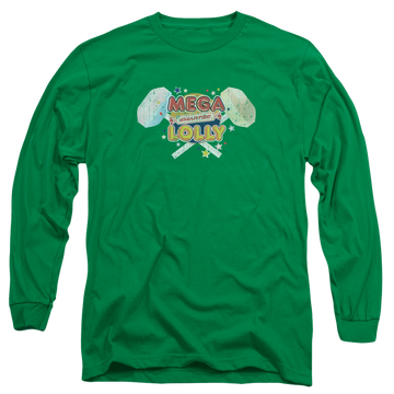 Kelly green men's long sleeve t-shirt with Smarties Mega Lolly graphic