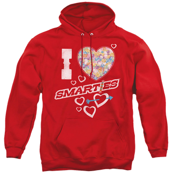Red pullover hoodie with I Heart Smarties graphic