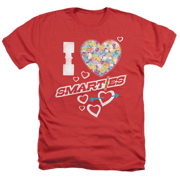 Red men's heather t-shirt with I Heart Smarties graphic