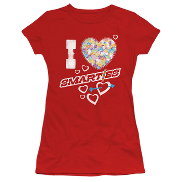 Red juniors t-shirt with I Heart Smarties graphic