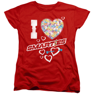 Red women's t-shirt with I Heart Smarties graphic