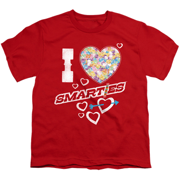 Red youth t-shirt for ages 8 to 12 with I Heart Smarties graphic