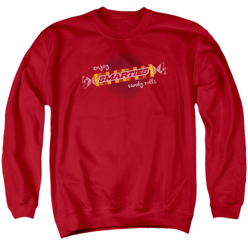Red men's crewneck sweatshirt with Smarties Enjoy graphic