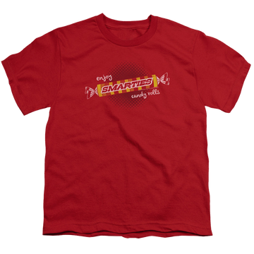 Red youth t-shirt for ages 8 to 12 with Smarties Enjoy graphic