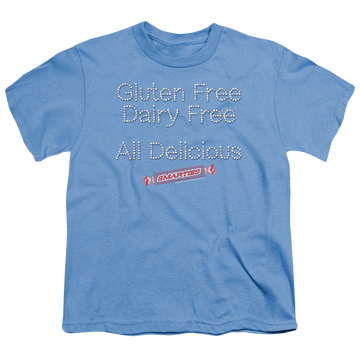 Carolina blue youth t-shirt for ages 8 to 12 with Smarties Free & Delicious graphic
