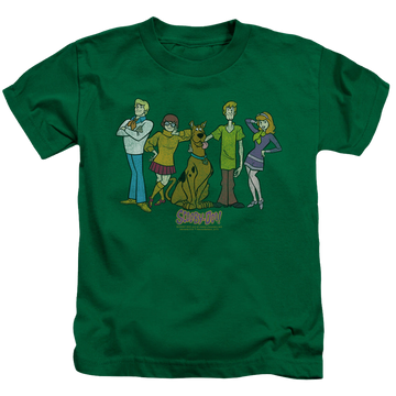 Kelly green kid's t-shirt for ages 4 to 7 with Scooby Doo Scooby Gang graphic