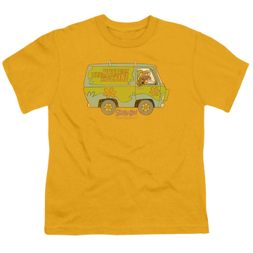 Gold youth t-shirt for ages 8 to 12 with Scooby Doo The Mystery Machine graphic