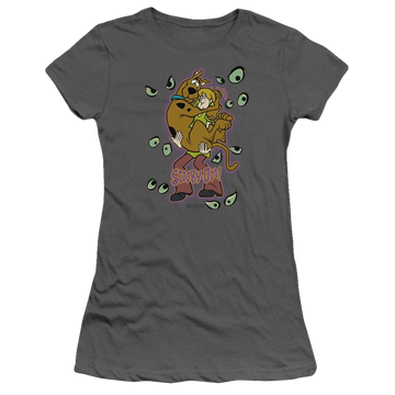 Charcoal juniors t-shirt with Scooby Doo Being Watched graphic
