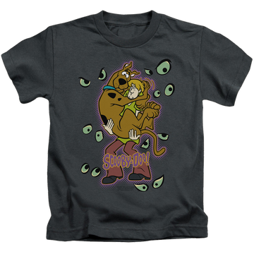 Charcoal kid's t-shirt for ages 4 to 7 with Scooby Doo Being Watched graphic