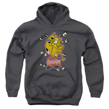 Charcoal youth hoodie for ages 8 to 12 with Scooby Doo Being Watched graphic