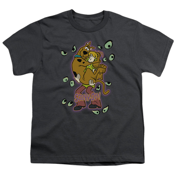 Charcoal youth t-shirt for ages 8 to 12 with Scooby Doo Being Watched graphic
