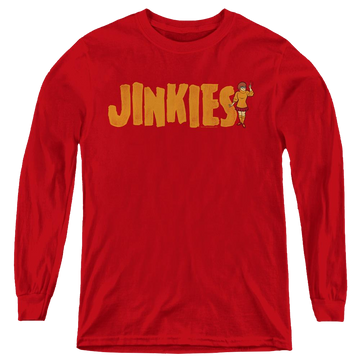 Red youth long sleeve t-shirt with Scooby Doo Jinkies graphic