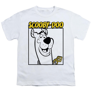 White youth t-shirt for ages 8 to 12 with Scooby Doo Scooby Square graphic