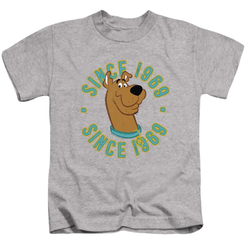 Athletic heather kid's t-shirt for ages 4 to 7 with Scooby Doo Scooby 1969 graphic