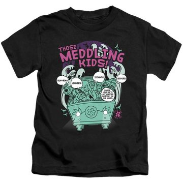 Black kid's t-shirt for ages 4 to 7 with Scooby Doo Meddling Since 1969 graphic