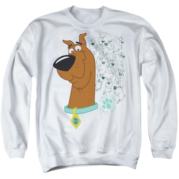 White men's crewneck sweatshirt with Evolution Of Scooby Doo graphic