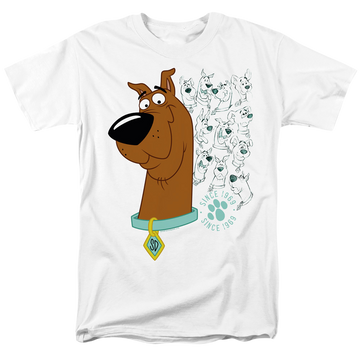 White men's regular fit t-shirt with Evolution Of Scooby Doo graphic