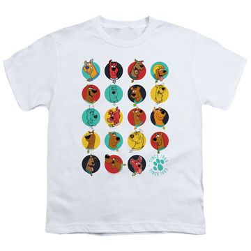 White youth t-shirt for ages 8 to 12 with Scooby Doo Heads Up graphic