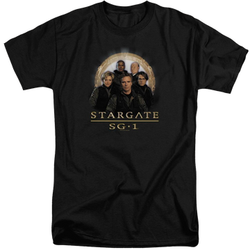Black men's tall fit t-shirt with Stargate Sg1 Team graphic