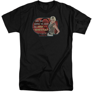 Black men's tall fit t-shirt with Stargate Arm Wrestle graphic