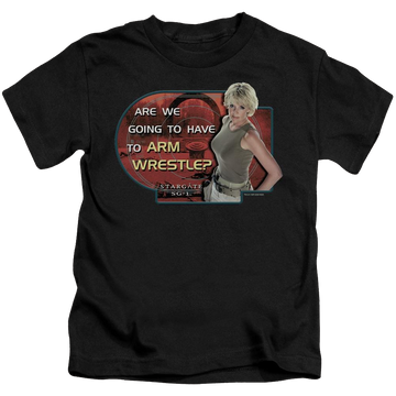 Black kid's t-shirt for ages 4 to 7 with Stargate Arm Wrestle graphic