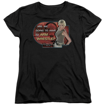 Black women's t-shirt with Stargate Arm Wrestle graphic