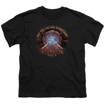 Black youth t-shirt for ages 8 to 12 with Stargate Other Side graphic