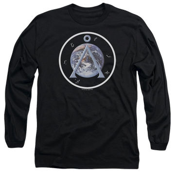 Black men's long sleeve t-shirt with Stargate Earth Emblem graphic