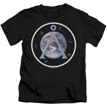 Black kid's t-shirt for ages 4 to 7 with Stargate Earth Emblem graphic