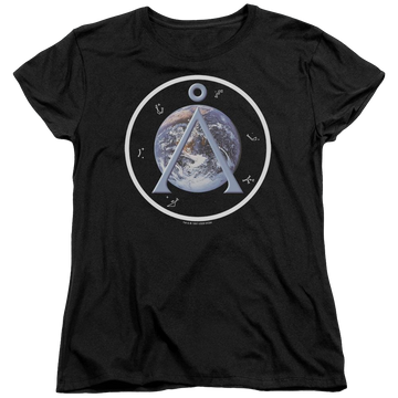Black women's t-shirt with Stargate Earth Emblem graphic