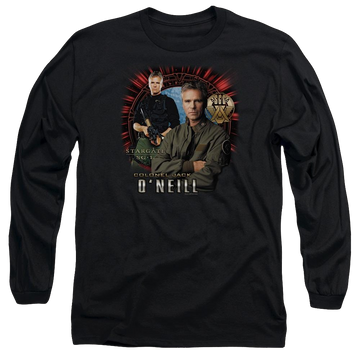Black men's long sleeve t-shirt with Stargate Jack Oneill graphic