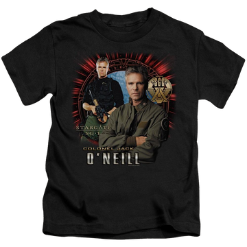 Black kid's t-shirt for ages 4 to 7 with Stargate Jack Oneill graphic