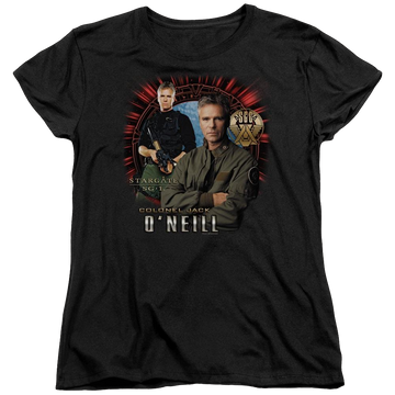 Black women's t-shirt with Stargate Jack Oneill graphic