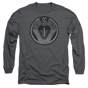 Charcoal men's long sleeve t-shirt with Stargate Team Badge graphic