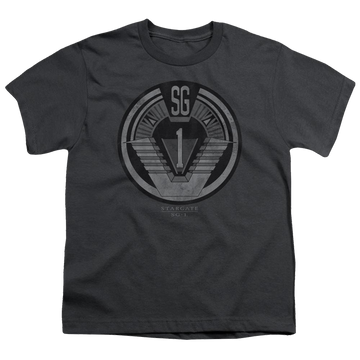 Charcoal youth t-shirt for ages 8 to 12 with Stargate Team Badge graphic