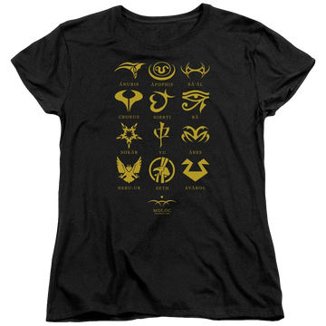Black women's t-shirt with Stargate Goauld Characters graphic